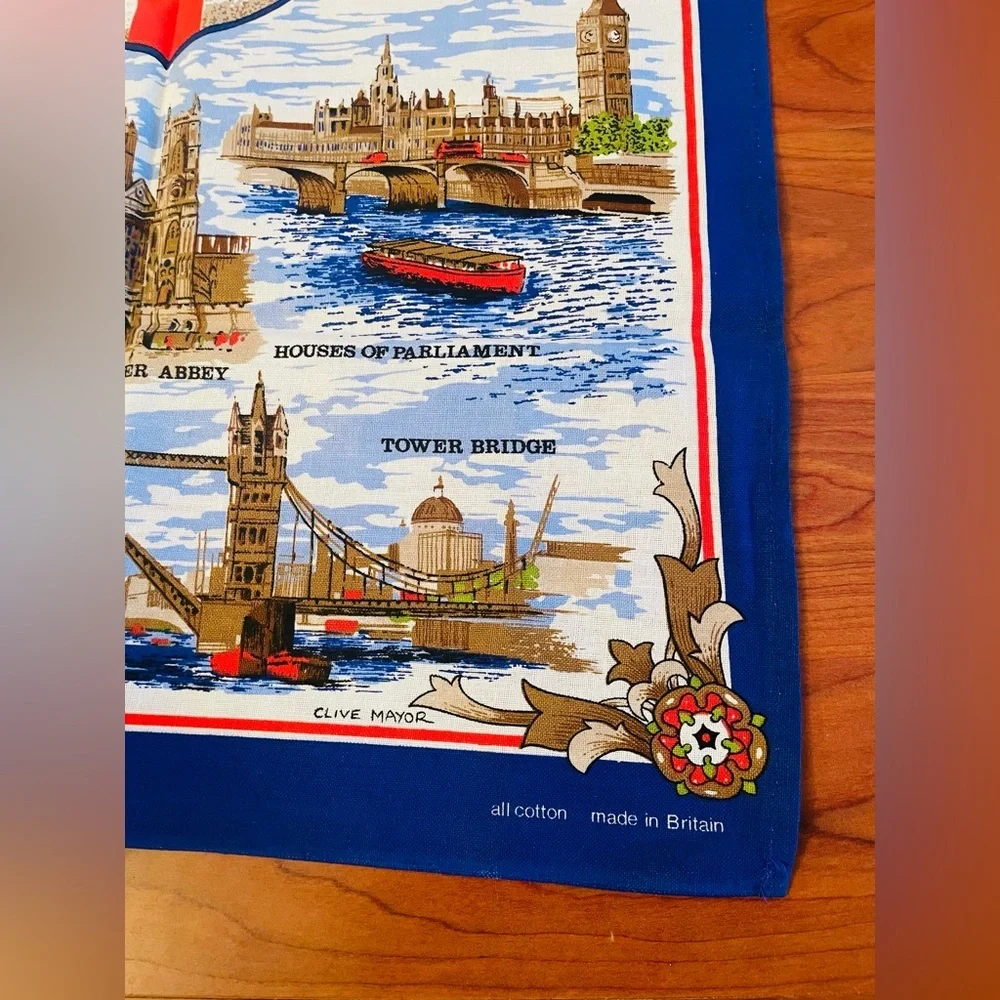 Vintage Cotton Tea Towel London Clive Mayor Souvenir Big Ben Buckingham Bridge